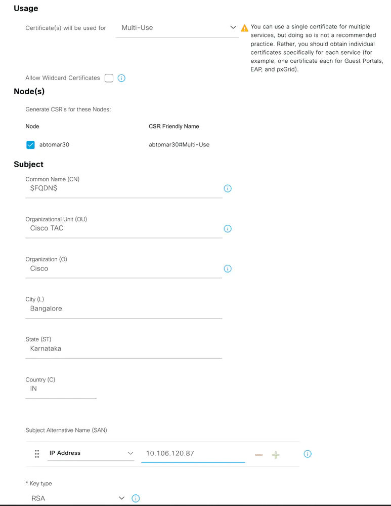 Install a third-party CA certificate in ISE - CSR example for individual server certificate