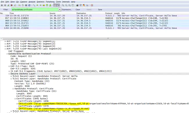 Install a third-party CA certificate in ISE - Troubleshoot - Certificate chain in the capture