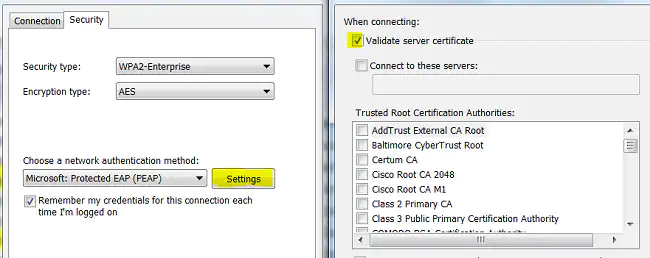 Install a third-party CA certificate in ISE - Troubleshoot - Uncheck Validate Server Certificate option