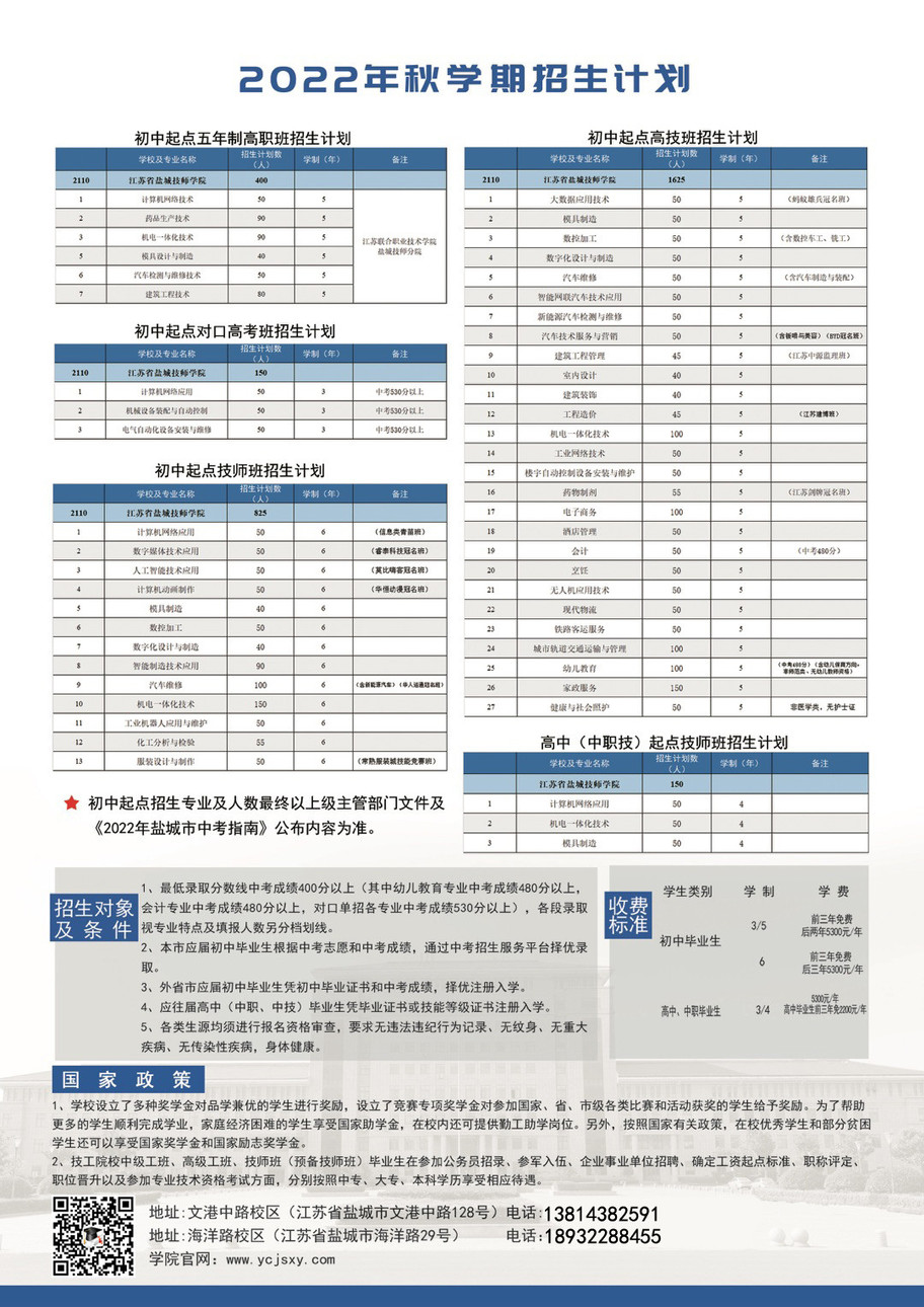 盐城技师学院招生报名开始录取分数线确定